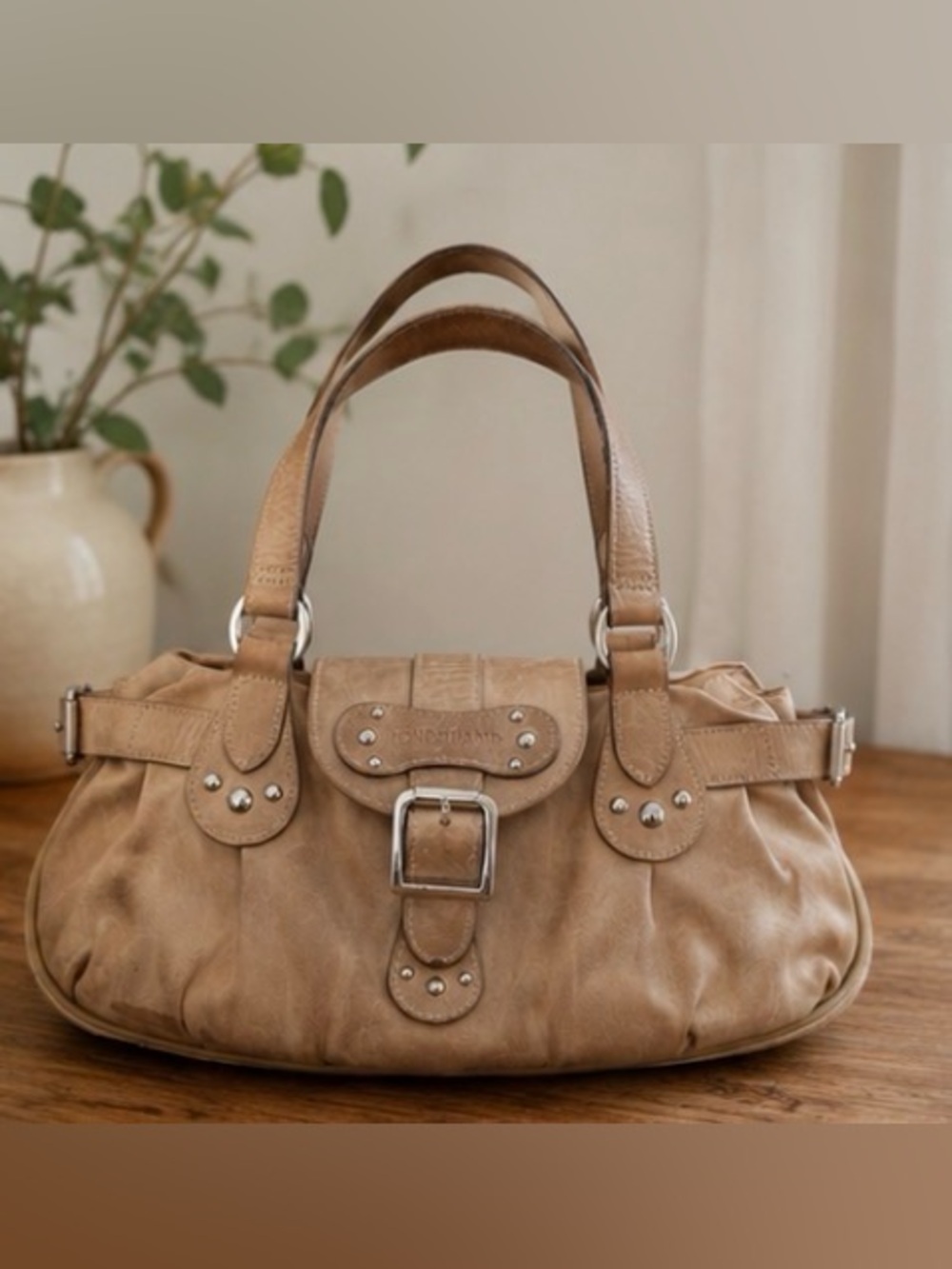 Vintage Longchamp Leather Buckle Satchel Shoulder Bag Taupe Made in France Y2K